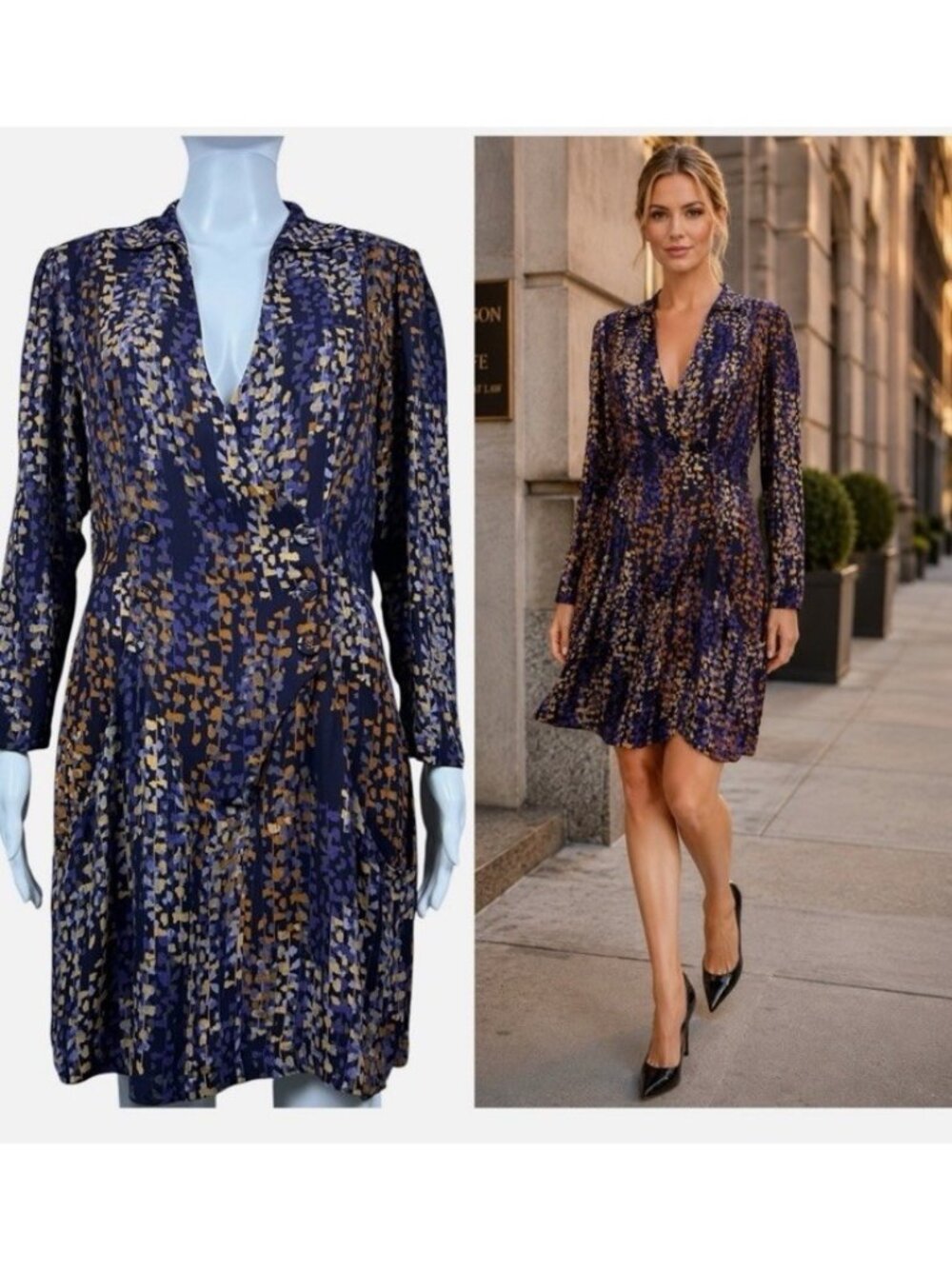 Women Reiss Blue pattern Long sleeve Faux wrap short dress. Size 6.  Ee